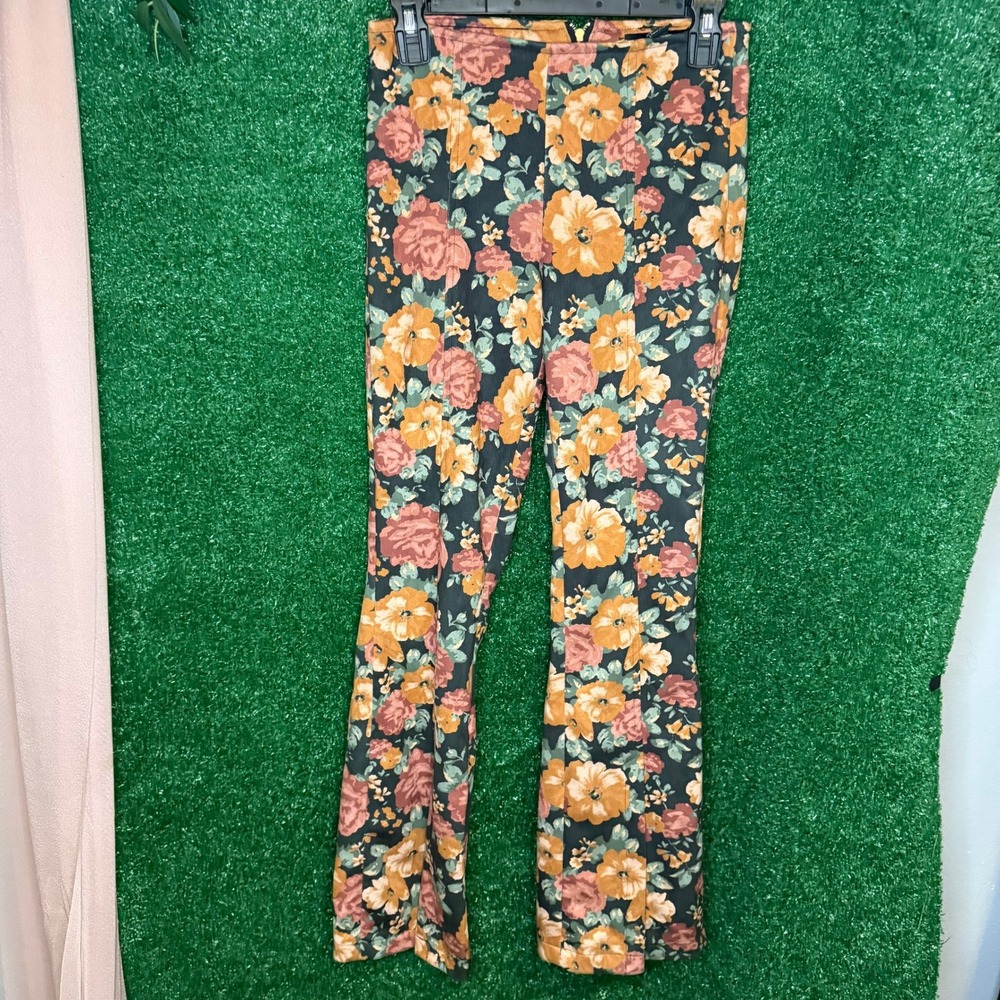 Forever 21 Black Floral Flare Pants Women's XS Boho Cottagecore Split Hem
